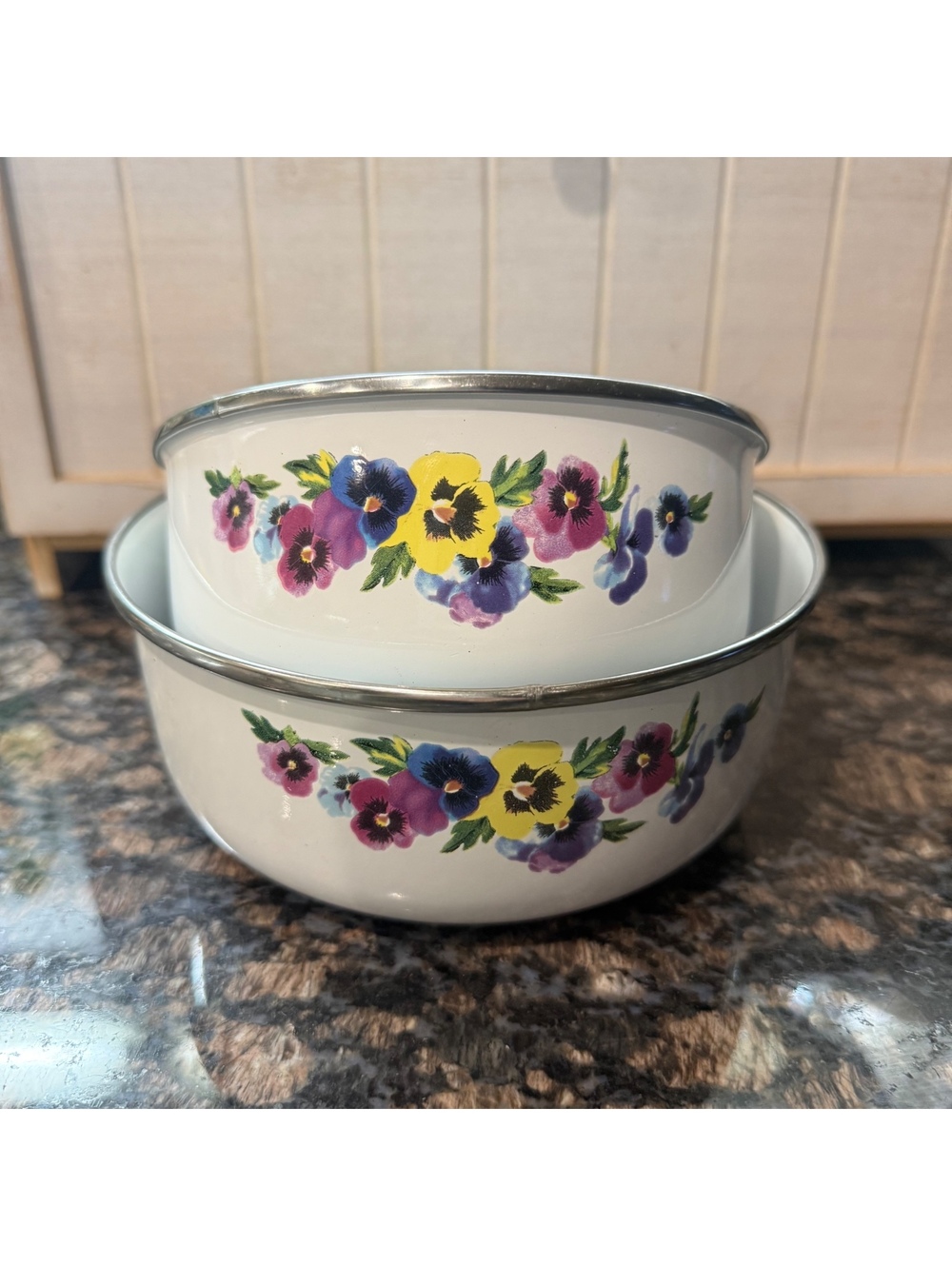 Vintage Enamelware Nesting Bowls Set of 2 Pansy Floral White Mixing Bowls
